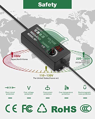 JOVNO Universal Power Supply 3V-24V 2A 48W Adjustable AC/DC Adapter 100~240V AC to DC 5V 9V 12V 15V 19V 20V with LED Display 14 Plugs 1 Reverse Polarity Converter Cable for LED Strips Motors Speaks