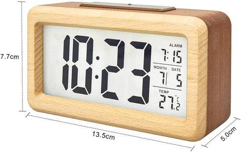 Everwood Battery Operated Wooden LCD Digital Alarm Clock with Smart Sensor Night Light, Snooze for Bedrooms (Wood)