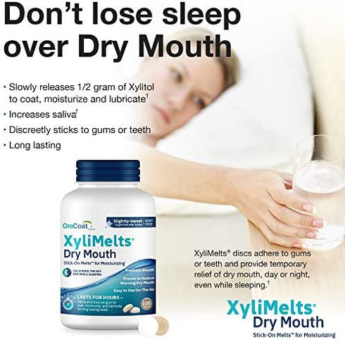 OraCoat XyliMelts Dry Mouth Relief Oral Adhering Discs, Slightly Sweet with Xylitol, For Dry Mouth, Stimulates Saliva, Non-Acidic, Day and Night Use, Time Release for up to 8 Hours, 100 Count