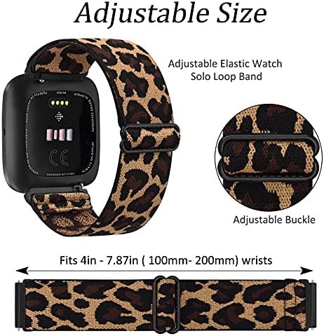 2 Pack Elastic Bands Compatible with Fitbit Versa 2 / Versa/Versa Lite/Versa SE for Women Men, Adjustable Nylon Sport Stretchy Wristband for Fitbit Versa/Versa 2 (Black+Leopard)