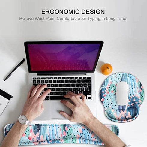 HAOCOO Keyboard Wrist Rest and Ergonomic Mouse Pad Wrist Support Set with Non-Slip Backing Memory Form-Filled, Easy-Typing and Pain Relief for Gaming Office Computer Laptop (Painted Cactus)