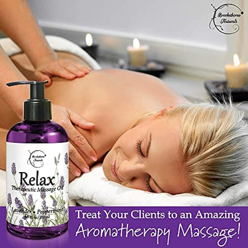 Relax Therapeutic Body Massage Oil - with Best Essential Oils for Sore Muscles & Stiffness – Lavender, Peppermint & Marjoram - All Natural - with Sweet Almond, Grapeseed & Jojoba Oil 8oz