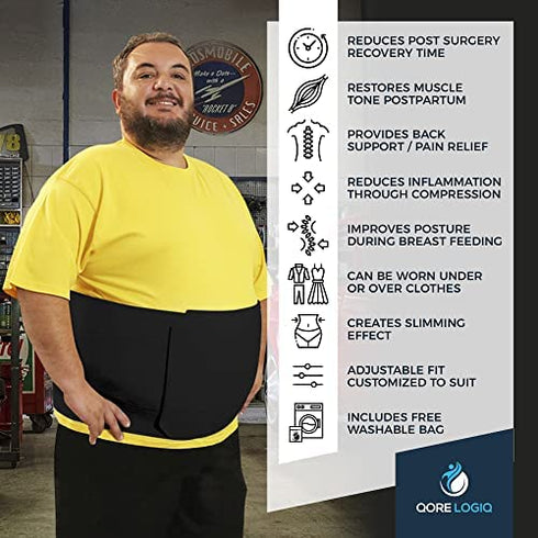 QORE LOGIQ Plus Size Abdominal Binder Post Surgery for larger Men + Women - Postpartum Belly Band - Compression Garment - Hernia Belt For Men + Woman - C Section Belly Binder - Adjustable (Black XL)