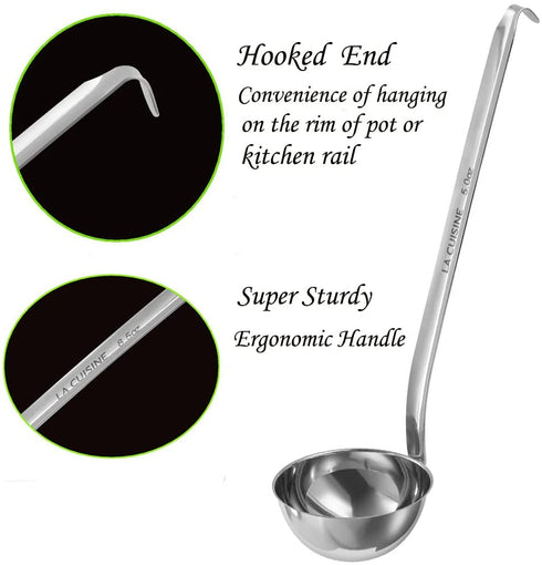 La Cuisine 18/10 Stainless Steel Soup Ladle Skimmer Spoon €“ 2 Pack includes 1 pc Soup Sauce Ladles and 1 pc Slotted Spoon Skimmer with hook handle. Mirror Finish
