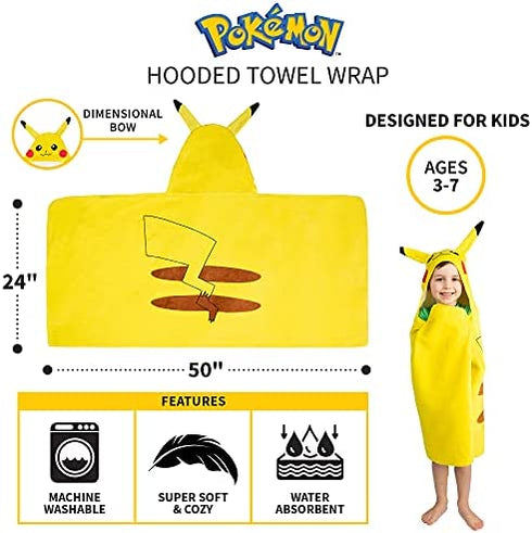 Pokemon Pikachu Bath/Pool/Beach Soft Cotton Terry Hooded Towel Wrap, 24" x 50", By Franco Kids