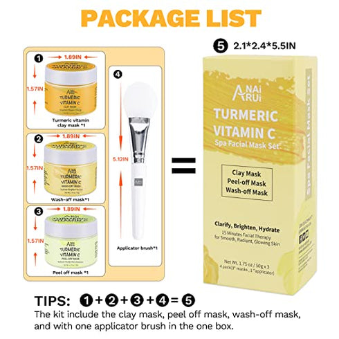 ANAI RUI Turmeric Vitamin C Facial Mask 3-in-1 Travel Mini Kit - Clay Mask, Peel Off Mask, Wash-Off Cream Mask, for Acne & Dark Spots, Oily Skin, Facial Spa Treatment 1.75 oz × 3 ea