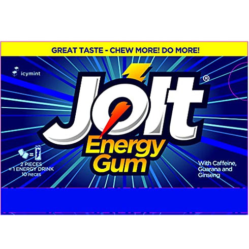 Jolt Icy Mint Energy Gum – Caffeine Chewing Gum – Increase Energy, Freshen Breath, Boost Physical Performance – 12 Pack (120 Pieces) – Low Calorie Caffeine Gum – Ginseng, Guarana