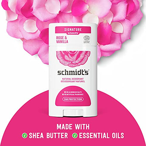 Schmidt's Aluminum Free Natural Deodorant for Women and Men, Rose + Vanilla with 24 Hour Odor Protection, Certified Cruelty Free, Vegan Deodorant, 3.25 Ounce (Pack of 3)