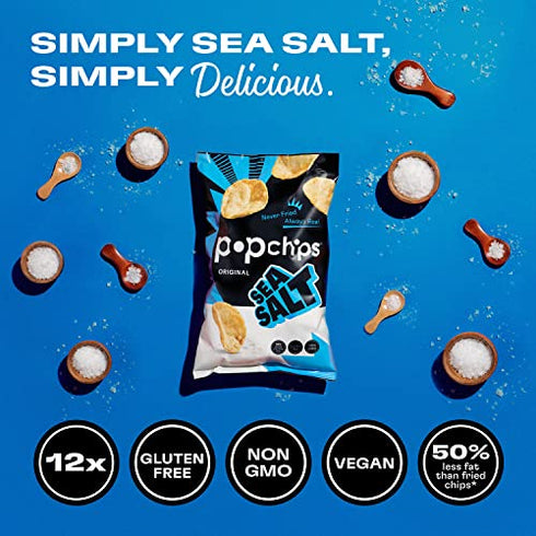 Popchips Potato Chips, Sea Salt, 12ct Single Serve 0.8oz Bags, Low-Calorie and Gluten Free, Salty Snacks for Adults and Children, Non-GMO, Vegan & Kosher Friendly, 100 Calories Per Bag