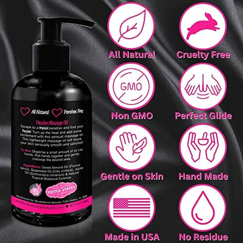 Passion Sensual Massage Oil for Couples Massage. All Natural, Tropical Paradise Scent with Almond & Jojoba Oil. Ideal for Full Body & Muscle Massage – for Women & Men - 8oz