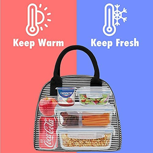 OPUX Insulated Lunch Box for Women | Lunch Bags for Women, Girls, Teens | Cute Reusable Thermal Lunch Tote Purse Cooler for Kids, School, Work, Office, Adult | Fits 12 Cans (Black White Stripes)