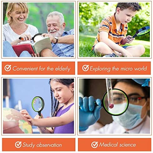 Leffis 2 Pack 10X Magnifying Glass for Seniors & Kids, Non-Slip Handheld Magnifier for Reading, 75mm Magnify Glasses Lens for Close Work, Science and Hobby Observation?Green and Orange
