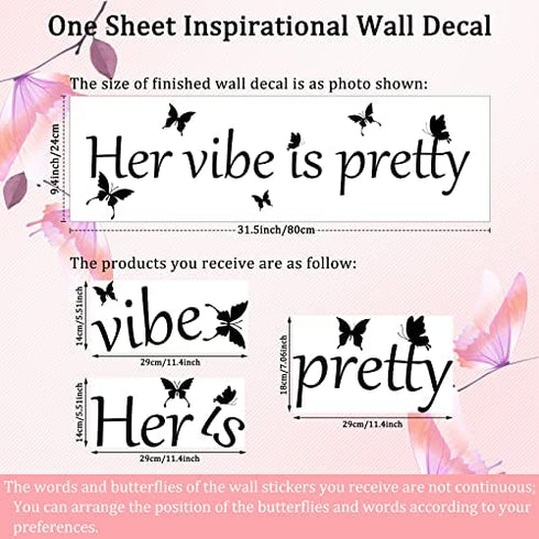 Her Vibe is Pretty Wall Decal Decor Vivid Butterflies Art Wall Sticker Inspirational Quotes Positive Wall Decal Sticker for Women, Teen Girls Office Dorm 31.5 x 9.4 Inch (Black,Simple Style)
