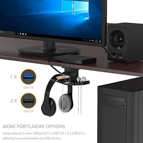 cozoo Headphone Stand with USB Hub Under Desk Headset Hanger Mount Dual Hook Holder with 3 USB Ports(usb3.0+usb2.0) and 3.5mm Jack AUX Port(Audio/Mic) External Sound Card for Gamer, DJ Earphone