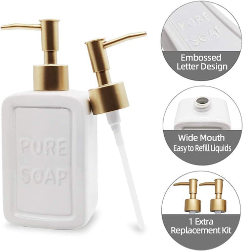 Decorative Soap Dispenser White Ceramic Lotion Bottle with Embossed Letters Noble Golden Matte Pump