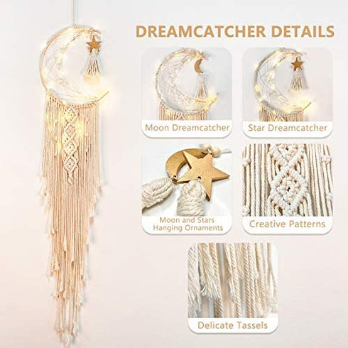 OurWarm Moon Dream Catcher Wall Decor, Macrame Wall Hanging Boho Dream Catcher with LED String Light Craft Gifts for Kids Teenage Girls Bedroom Bohemian Wedding Farmhouse Home Decor, 40 x 10 Inches