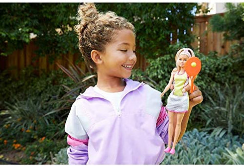 Barbie Blonde Tennis Player Doll with Tennis Outfit, Racket and Ball