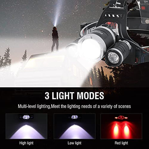 BORUIT RJ-3000 LED Rechargeable Headlamp,3 Modes White and Red LED Hunting Headlamps,5000 Lumens Tactical Flashlight Red Light Head Lamp for Running Camping Hiking Fishing
