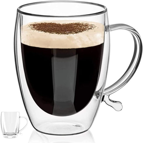 2-Pack 12 Oz Double Walled Glass Coffee Mugs with Handle by Snute, Insulated Coffee Cups, Clear Borosilicate Glass Mugs, Perfect for Cappuccino,Tea,Latte,Hot Beverage - Gift for Coffee Lover