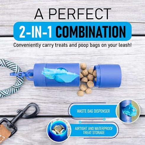 TreatPod Leash Treat Holder and Poop Bag Dispenser (Blue) - 2 in 1 Dog Waste Bag Dispenser and Treat Container, Includes 15 Eco Friendly Extra Strength Bags