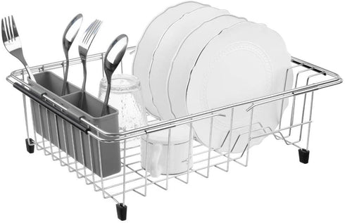 SANNO Expandable Dish Drying Rack Sink Dishes Drainer , Dish Rack with Utensil Silverware Storage Holder Over The Sink Adjustable Arms Dish Drying Drainer, in Sink or On Counter,Stainless Steel