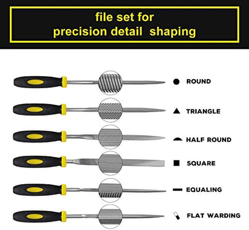 kapoua Needle File Set, 6 Pieces Hand Metal Files, Hardened Alloy Strength Steel Set Includes Flat, Flat Warding, Square, Triangular, Round, and Half-Round File