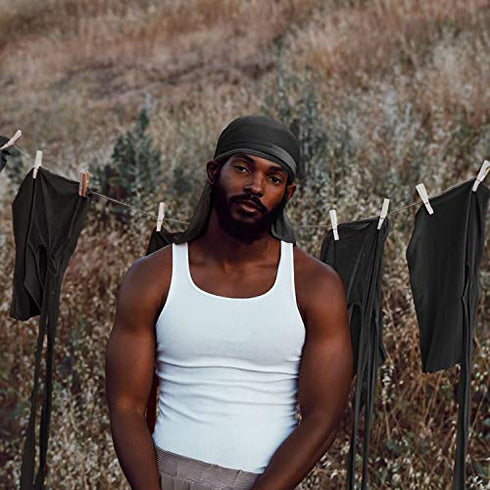 Black Silky Durag Pack - SupGene 4Pcs Black Silk Durag for Men Women with Silky Wave Cap, Satin Headwraps Set