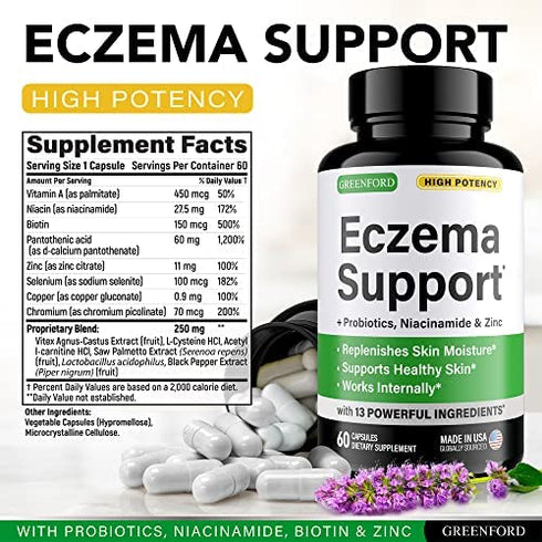 Eczema Treatment & Support for Natural Relief - Made in USA Dupixent Alternative - Skin Vitamins & Herbals for Eczema, Acne, Psoriasis, Rosacea Treatment with Zinc, Niacinamide & Probiotics - 60 caps