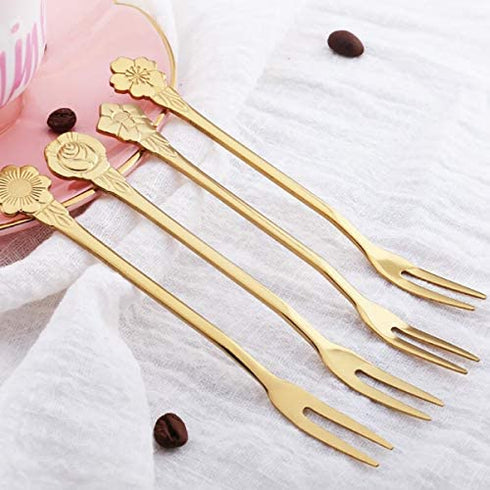 8Pcs 4.9 Inch Flower Stainless Steel Friut Forks Small Pickle Forks Dessert Cake Forks Salad Bistro Cocktail Fork Two Prong Dinner Appetizer Fork For Banquet Party Seafood Cocktail (Gold)