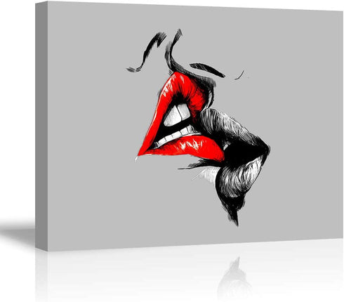 12x16 inches Abstract Sketch Red Lips Canvas Wall Decor Art Lover Kiss Painting Black White and Gray Picture Romantic Home Decoration for Bedroom (Ready to Hang)