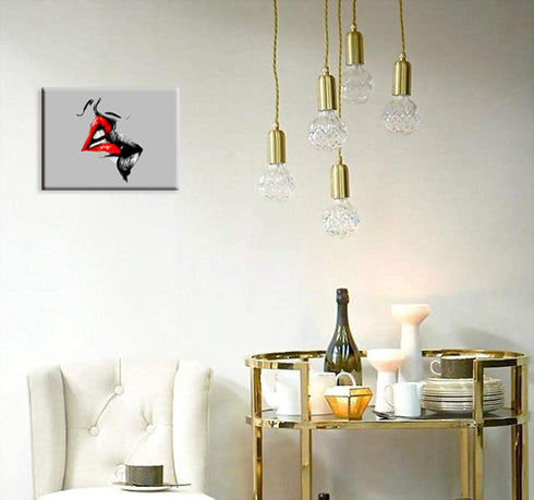 12x16 inches Abstract Sketch Red Lips Canvas Wall Decor Art Lover Kiss Painting Black White and Gray Picture Romantic Home Decoration for Bedroom (Ready to Hang)