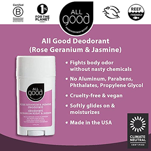 All Good Deodorant, No Aluminum, Vegan (Rose Geranium & Jasmine)(2-Pack)