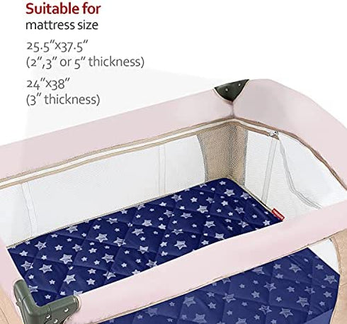 Pack and Play Mattress Pad Cover, Breathable Pack and Play Sheet Quilted, Thick Play Yard Playpen Sheets 39"×27"×5" Fits Graco Play Yards and Foldable Mattress Pad (Navy Star)