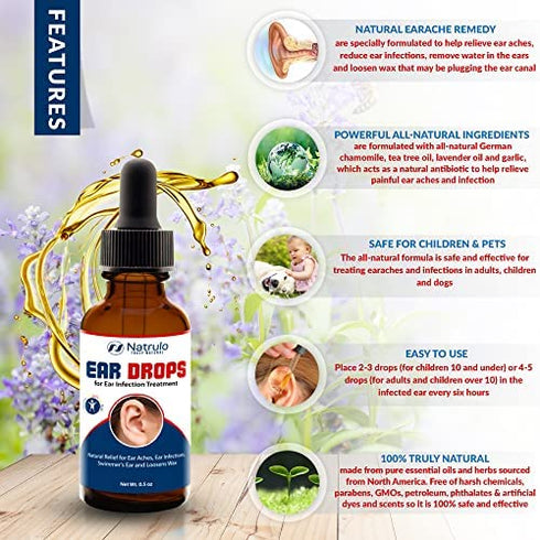 Natural Ear Drops for Ear Infection Treatment – Organic Ear Drops for Adult, Kids, Baby, Dog & Pets – Relieves Ear Aches, Itchy Ears, Infections, Swimmer's Ear, & Loosens Wax – Kids Safe, Made in USA