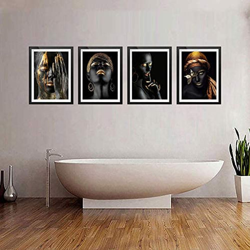 VOUORON African American Fashion Pop Gold Earrings Necklace Black Woman Wall Art Painting Set of 4 (8”X10” Canvas Picture) SPA Bathroom Pretty Girl Room Poster Art Prints Bedroom Home Decor Unframed
