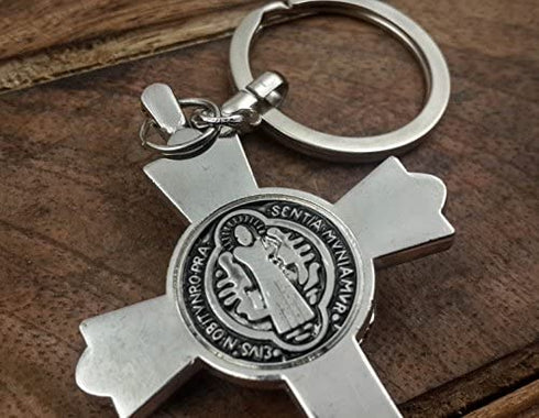 Saint Benedict Evil Protection Medal Metal Cross Keychain Faith Key Holder From Jerusalem Protective Benedictus Charm 3"