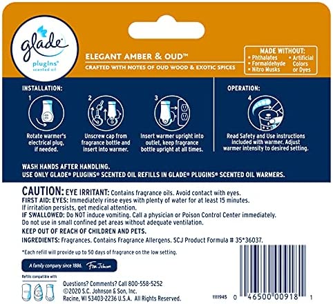 Glade PlugIns Refills Air Freshener, Scented and Essential Oils for Home and Bathroom, Elegant Amber & Oud, 2.01 Oz, 3 Count