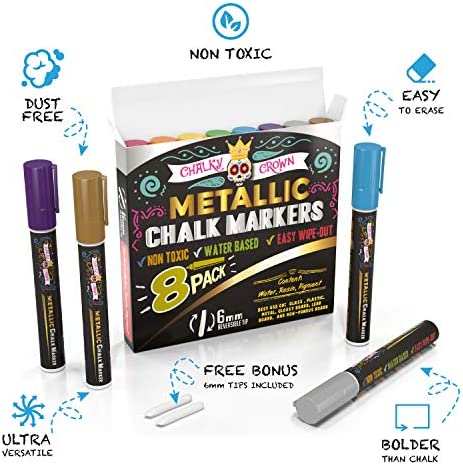 Metallic Liquid Chalk Markers - Dry Erase Marker Pens - Chalk Markers for Chalkboards, Signs, Windows, Blackboard, Glass - Reversible Tip (8 Pack) - 24 Chalkboard Labels Included (Metallic, 6mm)