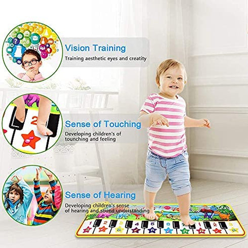 M SANMERSEN Piano Mat for Kids, 43” x 14” Dinosaur Floor Keyboard Music Dance Play Mat with 10 Demo Songs/ 8 Dinosaur Sounds/ Adjustable Volume/ Record/ Playback Musical Mat Toys Gift for Boys Girls