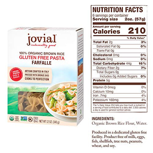 Jovial Farfalle Gluten-Free Pasta | Whole Grain Brown Rice Farfalle Pasta | Non-GMO | Lower Carb | Kosher | USDA Certified Organic | Made in Italy | 12 oz