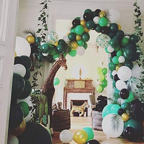 foci cozi 148 Pack Jungle Safari Theme Party Decorations Set?148 latex balloons, 12 Green Palm Leaves, 1 banner 4 cake topper 16 feets Arch Balloon strip tape, 1 Balloon tying tools Safri party Supplies Favors for Kids Boys Birthday Baby Shower Decor
