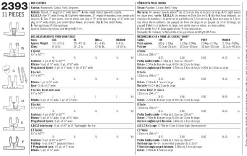 Simplicity Small to Medium Dog Clothes and Jackets Sewing Pattern, Sizes XXS to M