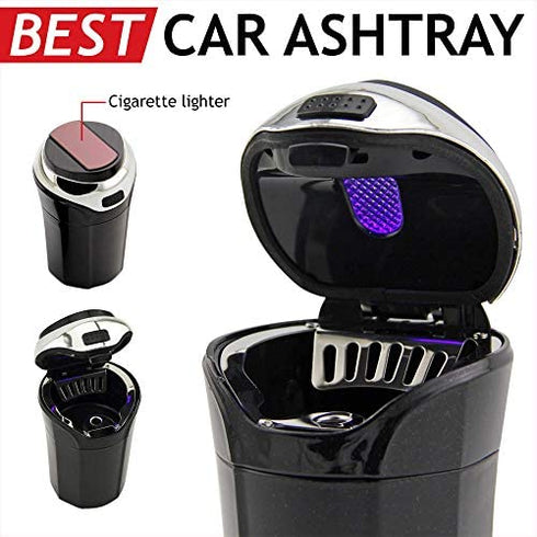 TAKAVU Car Ashtray (1-Pack), Easy Clean Up Detachable Stainless Car Ashtray with Lid Blue Led Light and Removable Lighter for Most Car Cup Holder (Silver)