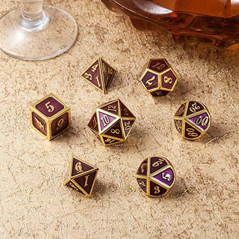 DnDnD Table Game Metal Dice Set, 7PCS D&D Metal Die with Metal Gift Box for Tabletop Games Dungeons and Dragons Dice (Dark Purple and Gold Number)