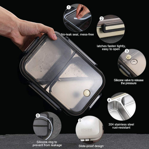 YBOBK HOME Leak Proof Bento Box, 2 Compartments Stainless Steel Lunch Box with Insulated Lunch Bag and Portable Utensil Set, Portion Control Lunch Container, On-the-Go Meal Fruit Snack Packing (Beige)