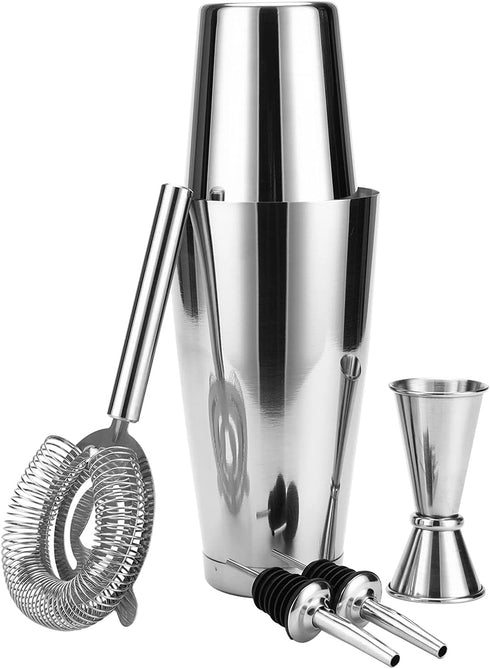 Boston Shaker Tins18oz Unweighted & 28oz Weighted,Cocktail Shaker Set with Jigger,Strainer,Liquor Pourer.Bartender Kit-Martini Drink Shaker-4pc Bar Set.