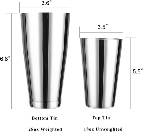 Boston Shaker Tins18oz Unweighted & 28oz Weighted,Cocktail Shaker Set with Jigger,Strainer,Liquor Pourer.Bartender Kit-Martini Drink Shaker-4pc Bar Set.