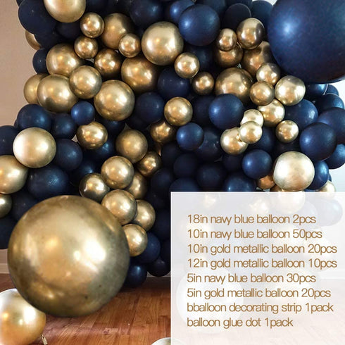 Navy Blue Balloon Garland Arch Kit 134pcs, Metallic Gold Balloons and Blue Balloons Party Supplies Background Decoration for Graduation Baby Shower Birthday Wedding Ceremony Anniversary with Ballon Strip and Glue Dots