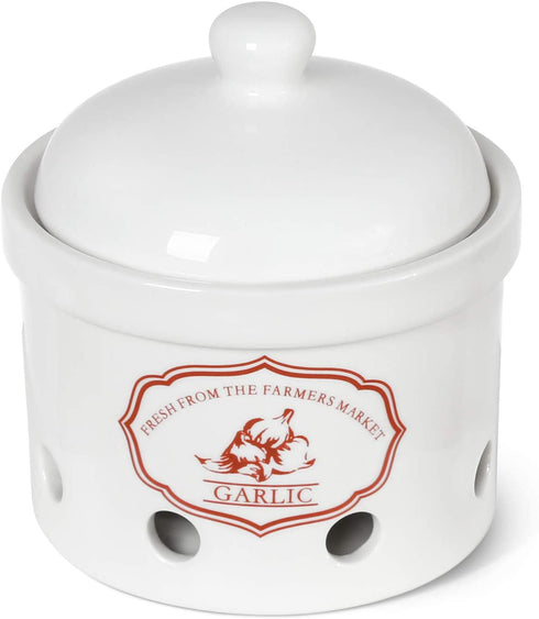 LE TAUCI Garlic Keeper, 5 Inch Vented Ceramic Storage Container Saver, Reserve for Garlic, Onion, Lemon, Patato, Ginger or Shallots, 1 Pack, White