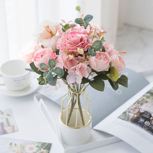 Bumhar Artificial Peony Silk Flowers Fake Hydrangea Bouquet Flower Arrangements Home Centerpieces Wedding Decoration 3 Packs(Pink)